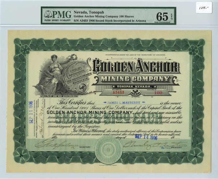 Golden Anchor Mining Co. - Tonopah, Nevada - 1905-09 dated Nevada Mining Stock Certificate